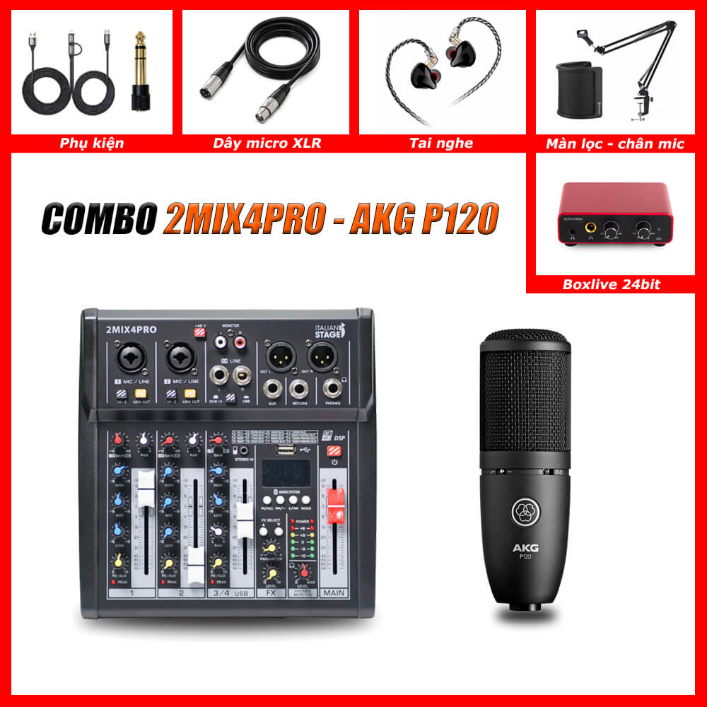 combo-livestream-mixer-2mix4-pro-akg-p120 Bộ hát livestream 2Mix4Pro AKG P120